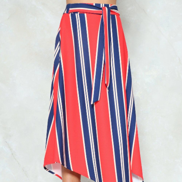 NASTY GAL Hanky Hem Striped Midi Skirt S Red Blue - Picture 4 of 10
